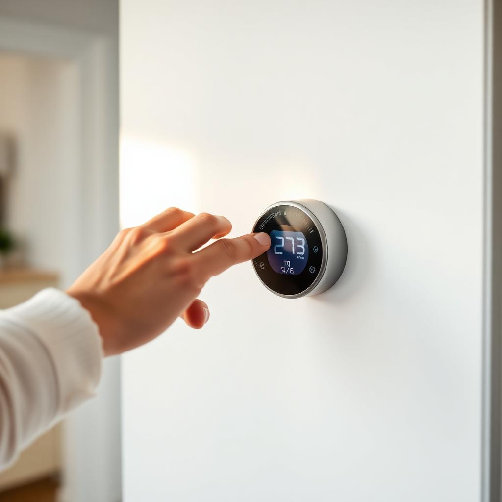 Homeowner adjusting a modern smart thermostat mounted on a hallway wall